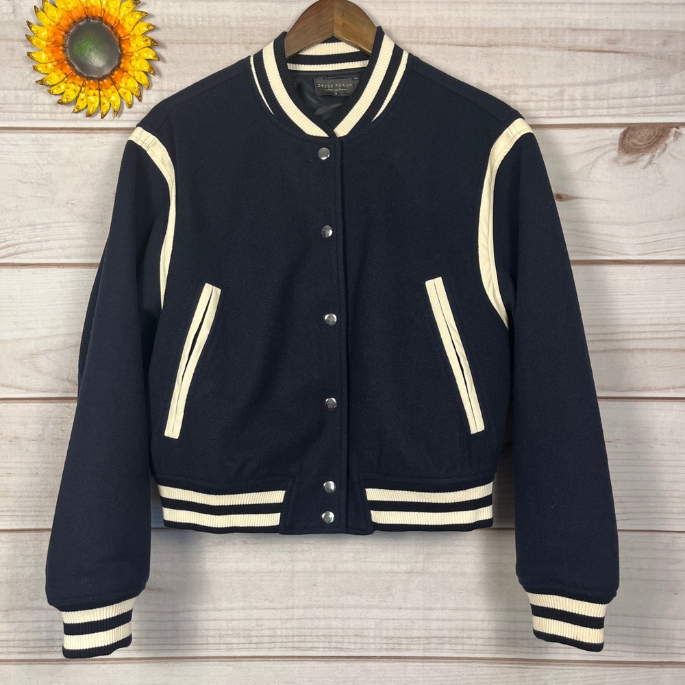 Dress Forum Navy Blue Varsity Bomber Jacket Cream Trim Striped Ribbed S